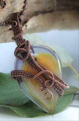 Copper Wire Weave Glass Leaf Pendant