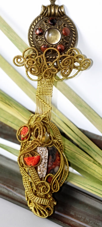 Golden Wire Wrap with Jasper Coral Agate MOP Pendant