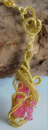 Golden Wire Wrap Pink Druzy Crystal Pendant
