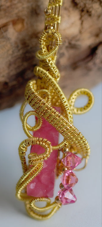 Golden Wire Wrap Pink Druzy Crystal Pendant